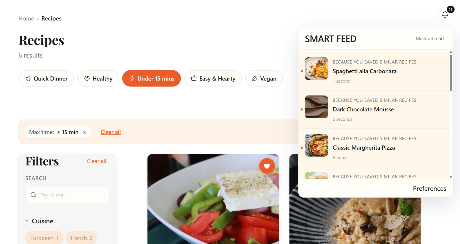 MisePress Recipes recipe archive with filters, smart search and Smart Feed