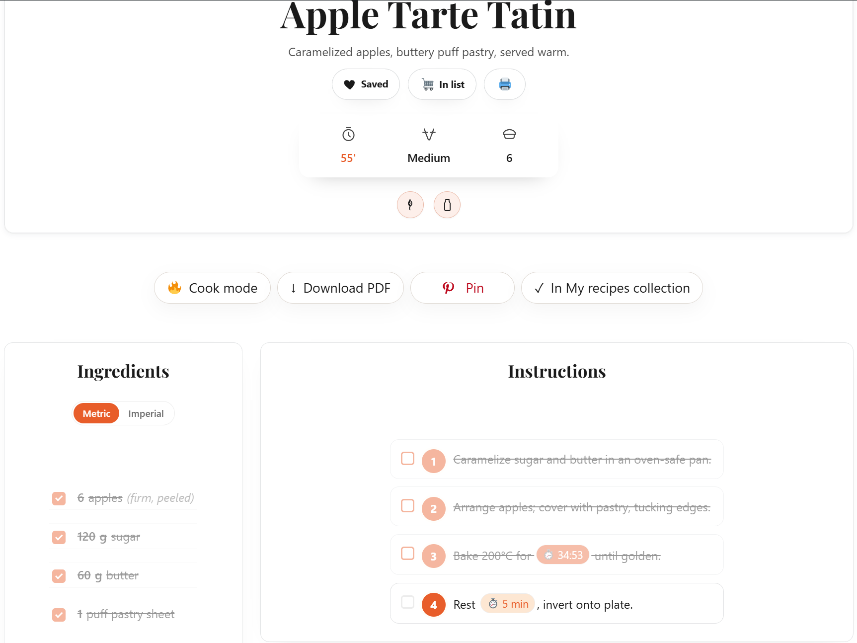 Single recipe with timers