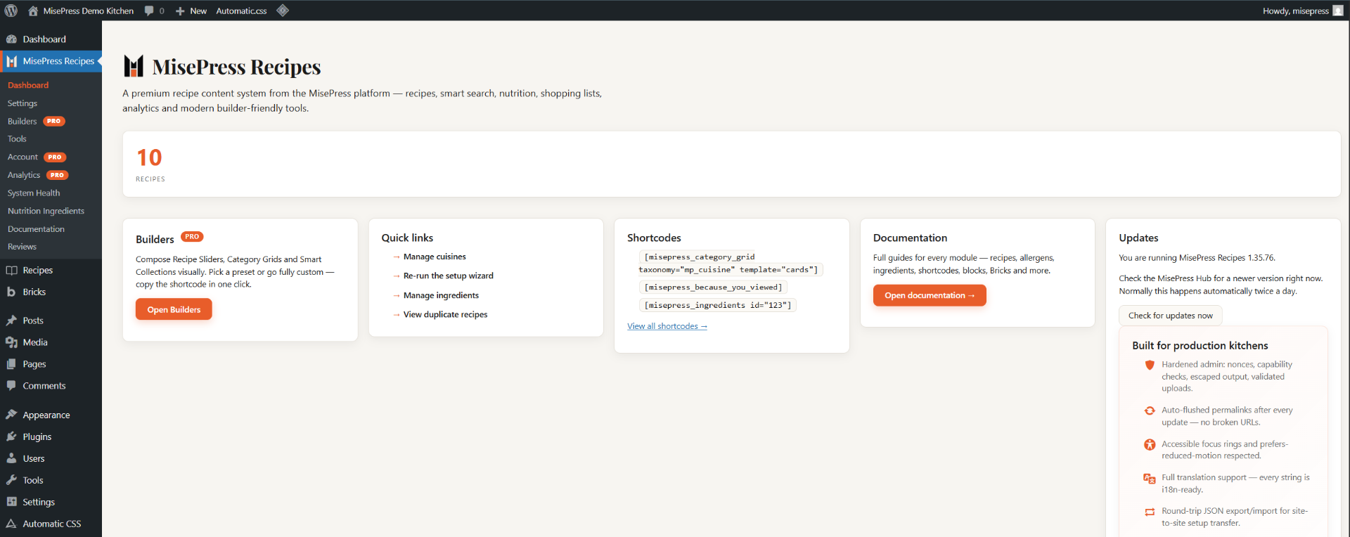 MisePress Recipes inside the WordPress admin dashboard